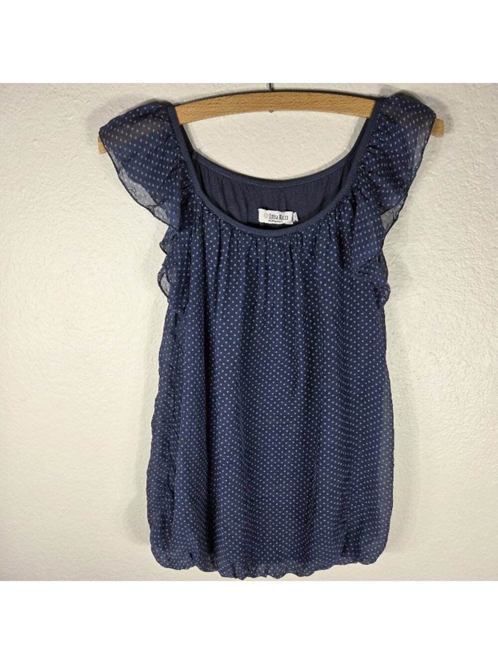 Luisa Ricci Italy Silk Sheer Ruffle Top Blouse Size S Navy Blue Polka Dot